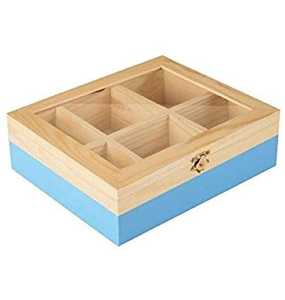 Boîte à Thé 6 Compartiments en Bois Bleu 22 x 18 x 7 cm