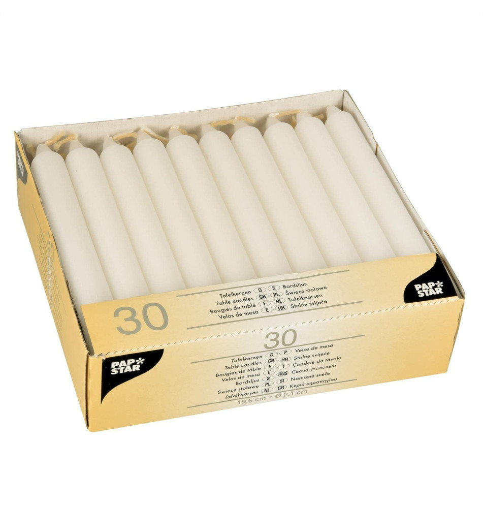Pack de 30 Bougies de Table 21 mm 19,6cm Env. 7h Blanc